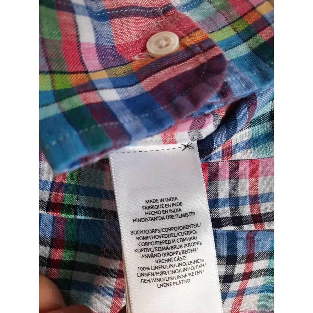 Polo Ralph Lauren Men XL Custom Fit Plaid Western Linen Button Shirt LongSleeve‎
